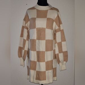 YOGAFOX Beige White Check Knit Dress Sweater Crew Neck Long Sleeve M Women